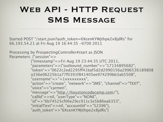 Web API - HTTP Request
         SMS Message
Started POST "/start.json?auth_token=6XcenKYWjthpe2x8jdRs" for
66.193.54.21 at Fri Aug 19 16:44:35 -0700 2011

Processing by ProspectingController#start as JSON
Parameters: {"session"=>
           {"timestamp"=>Fri Aug 19 23:44:35 UTC 2011,
           "parameters"=>{"outbound_number"=>"17134895682",
           "token"=>"0622c2ed2295ff41baf5d2d2990156a2996536189808
           a336e06225b1a77f0391f841405ee974299bb3ab5508",
           "username"=>"+1xxxxxxxxx",
           "action"=>"create", "network"=>"SMS", "channel"=>"TEXT",
           "voice"=>"carmen",
           "message"=>"http://houstoncodecamp.com/"},
           "callId"=>nil, "userType"=>"NONE",
           "id"=>"6b74525cf06e29cc911c3e5b86ea6353",
           "initialText"=>nil, "accountId"=>"52396"},
           "auth_token"=>"6XcenKYWjthpe2x8jdRs"}
 