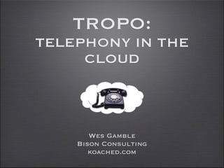 TROPO:
TELEPHONY IN THE
     CLOUD



       Wes Gamble
    Bison Consulting
       koached.com
 