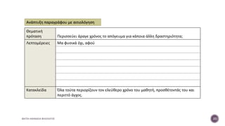 ΦΑΤΣΗ ΑΘΑΝΑΣΙΑ ΦΙΛΟΛΟΓΟΣ 20
Θεματική
πρόταση Περισσεύει άραγε χρόνος το απόγευμα για κάποια άλλη δραστηριότητα;
Λεπτομέρειες Μα φυσικά όχι, αφού
Κατακλείδα Όλα τούτα περιορίζουν τον ελεύθερο χρόνο του μαθητή, προσθέτοντάς του και
περιττό άγχος.
Ανάπτυξη παραγράφου με αιτιολόγηση
 