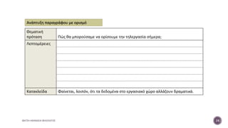ΦΑΤΣΗ ΑΘΑΝΑΣΙΑ ΦΙΛΟΛΟΓΟΣ 24
Θεματική
πρόταση Πώς θα μπορούσαμε να ορίσουμε την τηλεργασία σήμερα;
Λεπτομέρειες
Κατακλείδα Φαίνεται, λοιπόν, ότι τα δεδομένα στο εργασιακό χώρο αλλάζουν δραματικά.
Ανάπτυξη παραγράφου με ορισμό
 