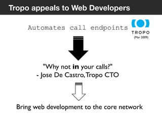 11
Tropo appeals to Web Developers
Automates call endpoints
"Why not in your calls?"	

- Jose De Castro,Tropo CTO	

Bring web development to the core network 	

(Mar 2009)	

 