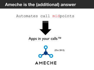 12
Ameche is the (additional) answer
Automates call midpoints
Apps in your calls™	

(Oct 2012)	

 