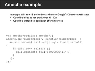 Ameche example
var ameche=require('ameche');
ameche.on('subscriber', function(subscriber) {
subscriber.on('call:outgoing', function(call)
{
if(call.to=='tel:411'){
call.connect('tel:+1800GOOG411');
}
});
});
Intercepts calls to 411 and redirects them to Google's Directory Assistance	

•  Could be billed at net proﬁt over 411 DA	

•  Could be charged to developer offering service	

	

19
 