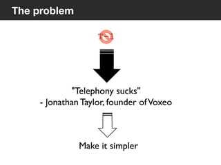 8
The problem
T-1
"Telephony sucks"	

- Jonathan Taylor, founder ofVoxeo	

Make it simpler	

 