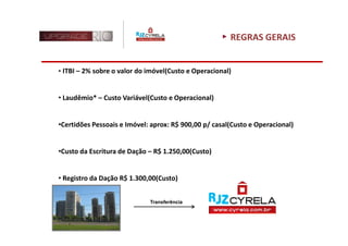 REGRAS GERAIS


• ITBI – 2% sobre o valor do imóvel(Custo e Operacional)


• Laudêmio* – Custo Variável(Custo e Operacional)


•Certidões Pessoais e Imóvel: aprox: R$ 900,00 p/ casal(Custo e Operacional)


•Custo da Escritura de Dação – R$ 1.250,00(Custo)


• Registro da Dação R$ 1.300,00(Custo)


                             Transferência
 
