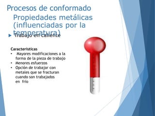 Procesos de conformado
 Trabajo en caliente
Propiedades metálicas
(influenciadas por la
temperatura)
Características
• Mayores modificaciones a la
forma de la pieza de trabajo
• Menores esfuerzos
• Opción de trabajar con
metales que se fracturan
cuando son trabajados
en frío
 
