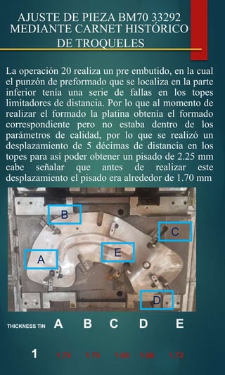 AJUSTE DE PIEZA BM70 33292
MEDIANTE CARNET HISTÓRICO
DE TROQUELES
La operación 20 realiza un pre embutido, en la cual
el punzón de preformado que se localiza en la parte
inferior tenía una serie de fallas en los topes
limitadores de distancia. Por lo que al momento de
realizar el formado la platina obtenía el formado
correspondiente pero no estaba dentro de los
parámetros de calidad, por lo que se realizó un
desplazamiento de 5 décimas de distancia en los
topes para así poder obtener un pisado de 2.25 mm
cabe señalar que antes de realizar este
desplazamiento el pisado era alrededor de 1.70 mm
A
E
B
C
D
THICKNESS TIN A B C D E
1 1.75 1.75 1.65 1.86 1.72
 