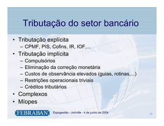 Tributação do setor bancário
• Tributação explícita
  – CPMF, PIS, Cofins, IR, IOF,...
• Tributação implícita
  –   Compulsórios
  –   Eliminação da correção monetária
  –   Custos de observância elevados (guias, rotinas,...)
  –   Restrições operacionais triviais
  –   Créditos tributários
• Complexos
• Míopes
                .   Expogestão - Joinville - 4 de junho de 2004   31
                                                                  31
 