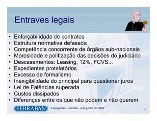 Entraves legais
•   Enforçabilidade de contratos
•   Estrutura normativa defasada
•   Competência concorrente de órgãos sub-nacionais
•   Morosidade e politização das decisões do judiciário
•   Descasamentos: Leasing, 12%, FCVS...
•   Expedientes protelatórios
•   Excesso de formalismo
•   Inexigibilidade do principal para questionar juros
•   Lei de Falências superada
•   Custos dissipados
•   Diferenças entre os que não podem e não querem
                .   Expogestão - Joinville - 4 de junho de 2004   36
                                                                  36
 