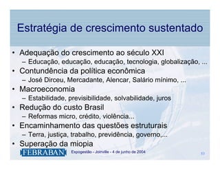 Estratégia de crescimento sustentado

• Adequação do crescimento ao século XXI
  – Educação, educação, educação, tecnologia, globalização, ...
• Contundência da política econômica
  – José Dirceu, Mercadante, Alencar, Salário mínimo, ...
• Macroeconomia
  – Estabilidade, previsibilidade, solvabilidade, juros
• Redução do custo Brasil
  – Reformas micro, crédito, violência...
• Encaminhamento das questões estruturais
  – Terra, justiça, trabalho, previdência, governo,...
• Superação da miopia
                .   Expogestão - Joinville - 4 de junho de 2004   53
                                                                  53
 