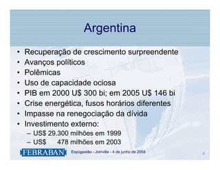 Argentina
•   Recuperação de crescimento surpreendente
•   Avanços políticos
•   Polêmicas
•   Uso de capacidade ociosa
•   PIB em 2000 U$ 300 bi; em 2005 U$ 146 bi
•   Crise energética, fusos horários diferentes
•   Impasse na renegociação da dívida
•   Investimento externo:
    – US$ 29.300 milhões em 1999
    – US$    478 milhões em 2003
              .   Expogestão - Joinville - 4 de junho de 2004   8
                                                                8
 