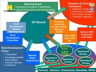Research & Innovation
Framework:

Steering Board
European Innovation Partnership
‚Agricultural Productivity and Sustainability ‘

Rural
Development
Network
Steering Group

EIP Network

ETPs, ERANets, JPIs,
etc.

Horizon 2020
Programme
Committee

Operational
Groups

Rural Development
Policy:
Cooperation
Knowledge transfer
Pilot projects
Advisory services
Investment

Research projects
Multi-actor projects
Innovation brokers
Thematic networks

Standing
Committee
on Agricultural
Research
(SCAR)

Rural
Development
Committee

•
•
•
•
•

•
•
•
•

Member
States
Programmes

CLIMATE
CHANGE

Operational
Groups

Operational
Groups

Operational
Groups
Operational
Groups

Farmers . Advisers . Enterprises . Scientists. NGOs
AREA SVILUPPO RURALE

 
