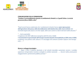 COMUNICAZIONE DELLA COMMISSIONE
“Limitare il surriscaldamento dovuto ai cambiamenti climatici a +2 gradi Celsius. La via da
percorrere fino al 2020 e oltre”

“Studi recenti hanno confermato che i cambiamenti climatici hanno vaste ripercussioni,
dall'agricoltura alla pesca, dalla desertificazione alla biodiversità, dalle risorse idriche alla
mortalità legata alla calura o al clima rigido, dalle zone costiere ai danni derivanti dalle alluvioni.”
“ … Sarà auspicabile:
• migliorare del 20% l'efficienza energetica dell'UE entro il 2020;
• incrementare la percentuale dell'energia ricavata da fonti rinnovabili fino al 20% entro il 2020;
• adottare una politica sulla cattura e lo stoccaggio del carbonio (Carbon Capture and Storage CCS) …. ”

Ricerca e sviluppo tecnologico
“… Dopo il 2013 il bilancio destinato a tali attività dovrebbe aumentare ancora e sarebbe
opportuno intraprendere iniziative analoghe in ambito nazionale. ….. Occorre infine promuovere
maggiormente i partenariati pubblico-privato.”

 