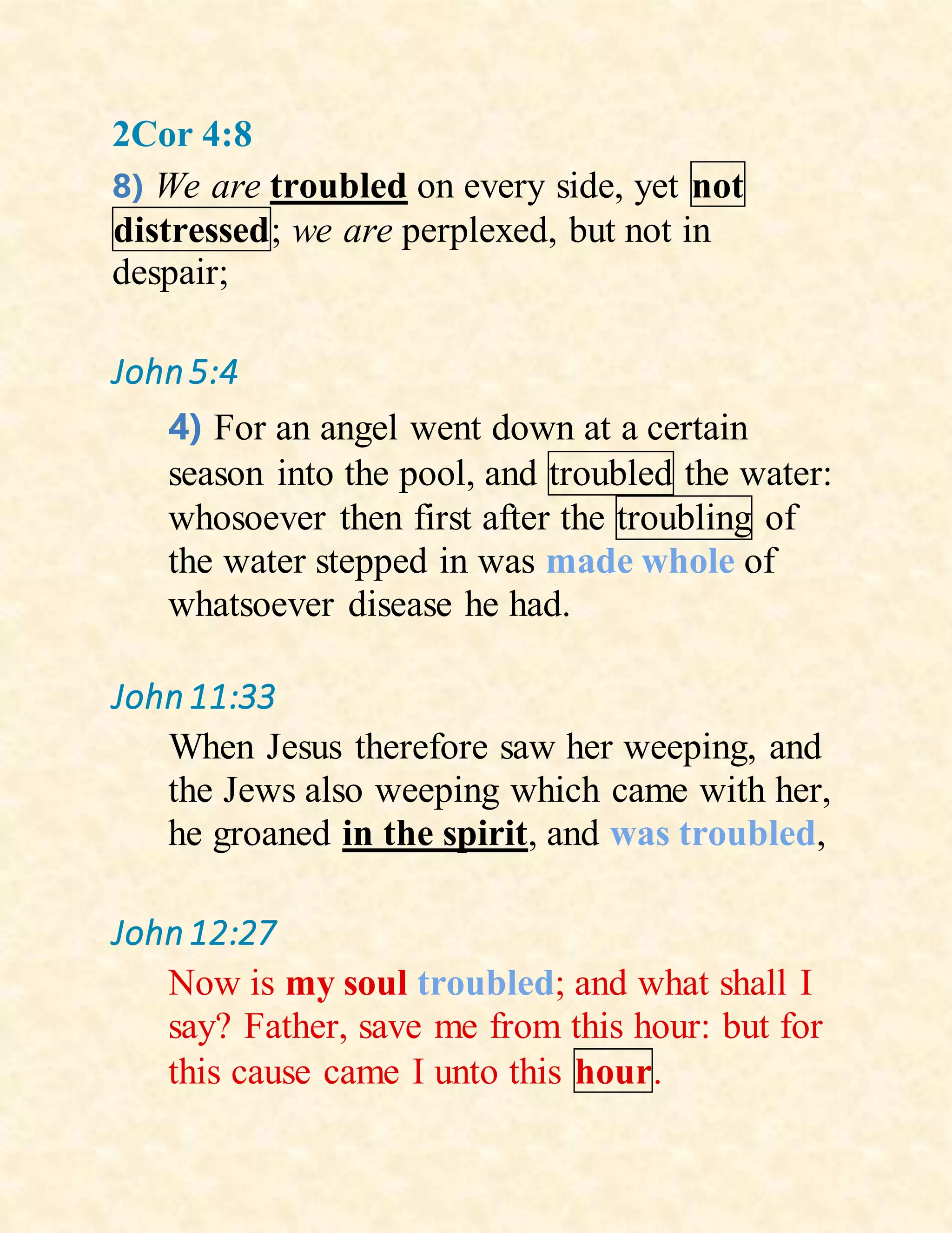 2Cor 4:8
8) We are troubled on every side, yet not
distressed; we are perplexed, but not in
despair;
John5:4
4) For an angel went down at a certain
season into the pool, and troubled the water:
whosoever then first after the troubling of
the water stepped in was made whole of
whatsoever disease he had.
John11:33
When Jesus therefore saw her weeping, and
the Jews also weeping which came with her,
he groaned in the spirit, and was troubled,
John12:27
Now is my soul troubled; and what shall I
say? Father, save me from this hour: but for
this cause came I unto this hour.
 