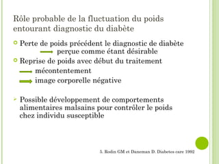 Rôle probable de la fluctuation du poids
entourant diagnostic du diabète
 Perte de poids précédent le diagnostic de diabète
perçue comme étant désirable
 Reprise de poids avec début du traitement
mécontentement
image corporelle négative
 Possible développement de comportements
alimentaires malsains pour contrôler le poids
chez individu susceptible
5. Rodin GM et Daneman D. Diabetes care 1992
 