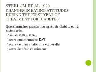 STEEL JM ET AL 1990
CHANGES IN EATING ATTITUDES
DURING THE FIRST YEAR OF
TREATMENT FOR DIABETES
Questionnaires passés peu après dx diabète et 12
mois après:
-Prise de 6,9kg/ 8,6kg
-↑ score questionnaire EAT
-↑ score de d'insatisfaction corporelle
-↑ score de désir de minceur
 