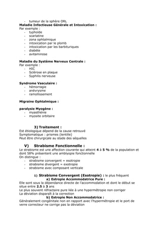 - tumeur de la sphère ORL
Maladie Infectieuse Générale et Intoxication :
Par exemple :
- typhoïde
- scarlatine
- zona ophtalmique
- intoxication par le plomb
- intoxication par les barbituriques
- diabète
- avitaminose
Maladie du Système Nerveux Centrale :
Par exemple :
- HIC
- Sclérose en plaque
- Syphilis nerveuse
Syndrome Vasculaire :
- hémorragie
- anévrysme
- ramollissement
Migraine Ophtalmique :
paralysie Myogène :
- myasthénie
- myosite orbitaire
3) Traitement :
Est étiologique dépend de la cause retrouvé
Symptomatique : prismes (lentille)
Peut être chirurgicale au stade des séquelles
V) Strabisme Fonctionnelle :
Le strabisme est une affection courante qui atteint 4 à 5 % de la population et
dont 58% présentent une amblyopie fonctionnelle
On distingue :
- strabisme convergent = esotropie
- strabisme divergent = exotropie
- strabisme avec composant verticale
1) Strabisme Convergent (Esotropie) : le plus fréquent
a) Estropie Accommodatrice Pure :
Elle sont sous la dépendance directe de l’accommodation et dont le début se
situe entre 2.5 à 3 ans
Le plus souvent réfractaire pure liée à une hypermétropie non corriger
La déviation disparaît à la correction
b) Estropie Non Accommodatrice :
Généralement congénitale non en rapport avec l’hypermétropie et le port de
verre correcteur ne corrige pas la déviation
 