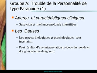 Groupe A: Trouble de la Personnalité de type Paranoïde (1) <ul><li>Aperçu  et caractéristiques cliniques </li></ul><ul><ul...