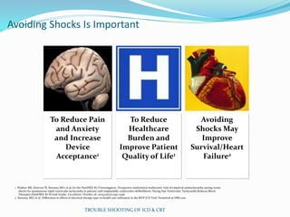 Avoiding Shocks Is Important
To Reduce Pain
and Anxiety
and Increase
Device
Acceptance1
To Reduce
Healthcare
Burden and
Improve Patient
Quality of Life1
Avoiding
Shocks May
Improve
Survival/Heart
Failure2
1 Wathen MS, DeGroot PJ, Sweeney MO, et al, for the PainFREE Rx II Investigators. Prospective randomized multicenter trial of empirical antitachycardia pacing versus
shocks for spontaneous rapid ventricular tachycardia in patients with implantable cardioverter-defibrillators: Pacing Fast Ventricular Tachycardia Reduces Shock
Therapies (PainFREE Rx II) trial results. Circulation. October 26, 2004;110(17):2591-2596.
2 Sweeney MO, et al. Differences in effects of electrical therapy type on health care utilization in the MVP ICD Trial. Presented at HRS 2010.
TROUBLE SHOOTING OF ICD & CRT
 