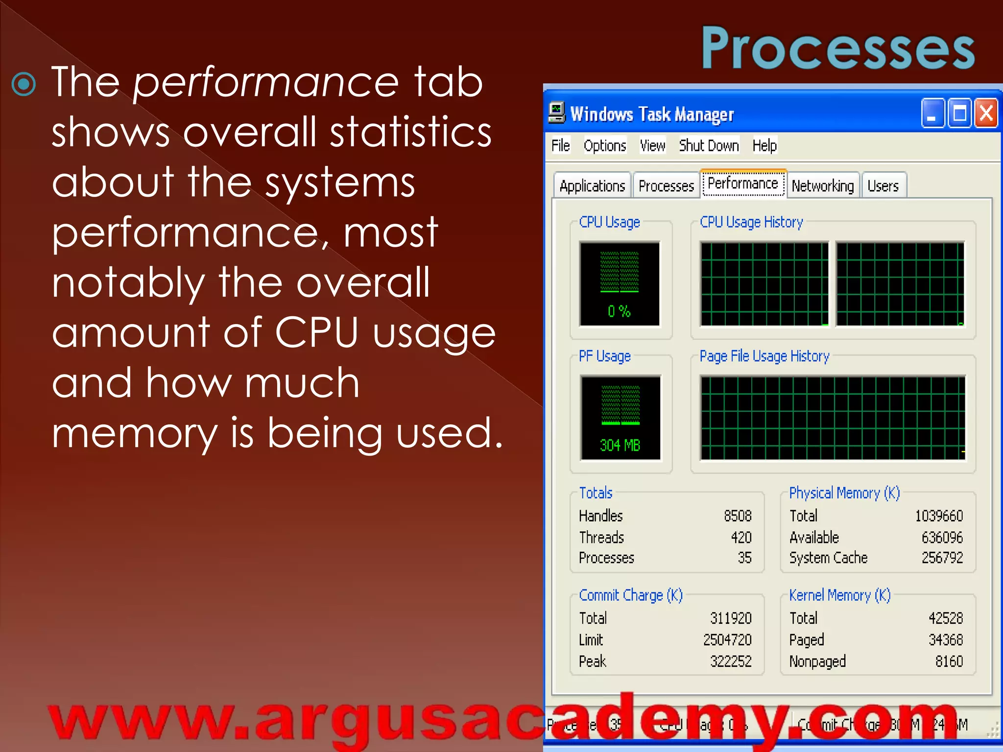  The performance tab 
shows overall statistics 
about the systems 
performance, most 
notably the overall 
amount of CPU usage 
and how much 
memory is being used. 
 