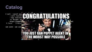 Catalog 
# curl --cacert puppet-ca.pem  
--cert /var/lib/puppet/ssl/certs/cookbook.example.com.pem  
--key /var/lib/puppet/ssl/private_keys/cookbook.example.com.pem  
-H 'Accept: yaml'  
https://puppet:8140/production/catalog/cookbook.example.com > cookbook.yaml 
% Total % Received % Xferd Average Speed Time Time Time Current 
Dload Upload Total Spent Left Speed 
100 26099 100 26099 0 0 17434 0 0:00:01 0:00:01 --:--:-- 18642 
 