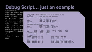 Debug Script… just an example 
#!/bin/bash 
LOG=$(mktemp /tmp/puppet-debug.XXXXXX) 
echo Puppet Debug -- $@ -- $(date) | tee $LOG 
echo "-- Disk --" | tee -a $LOG 
df -h |tee -a $LOG 
df -i |tee -a $LOG 
echo "-- Mem --" | tee -a $LOG 
free | tee -a $LOG 
echo "-- Files --" | tee -a $LOG 
PUPPET=$(pgrep puppet) 
for proc in $PUPPET 
do 
lsof -p $proc |tee -a $LOG 
done 
Puppet Debug -- before resolv.conf -- Fri Oct 24 01:13:34 EDT 2014 
-- Disk -- 
Filesystem Size Used Avail Use% Mounted on 
/dev/mapper/VolGroup-lv_root 
6.7G 2.5G 3.9G 39% / 
tmpfs 246M 0 246M 0% /dev/shm 
/dev/vda1 485M 80M 380M 18% /boot 
Filesystem Inodes IUsed IFree IUse% Mounted on 
/dev/mapper/VolGroup-lv_root 
440640 79253 361387 18% / 
tmpfs 62783 1 62782 1% /dev/shm 
/dev/vda1 128016 50 127966 1% /boot 
-- Mem -- 
total used free shared buffers cached 
Mem: 502268 415488 86780 0 22176 172036 
-/+ buffers/cache: 221276 280992 
Swap: 835580 0 835580 
-- Files -- 
COMMAND PID USER FD TYPE DEVICE SIZE/OFF NODE NAME 
puppet 2058 root cwd DIR 253,0 4096 14 /root 
puppet 2058 root rtd DIR 253,0 4096 2 / 
puppet 2058 root txt REG 253,0 10600 36617 /usr/bin/ruby 
puppet 2058 root mem REG 253,0 156928 4134 /lib64/ld-2.12.so 
puppet 2058 root mem REG 253,0 1926680 6282 /lib64/libc-2.12.so 
 