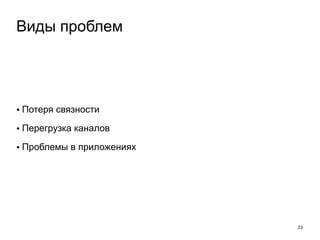 • Потеря связности 
• Перегрузка каналов 
• Проблемы в приложениях 
23 
Виды проблем 
 