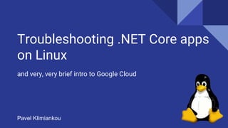 Troubleshooting .NET Core apps
on Linux
and very, very brief intro to Google Cloud
Pavel Klimiankou
 