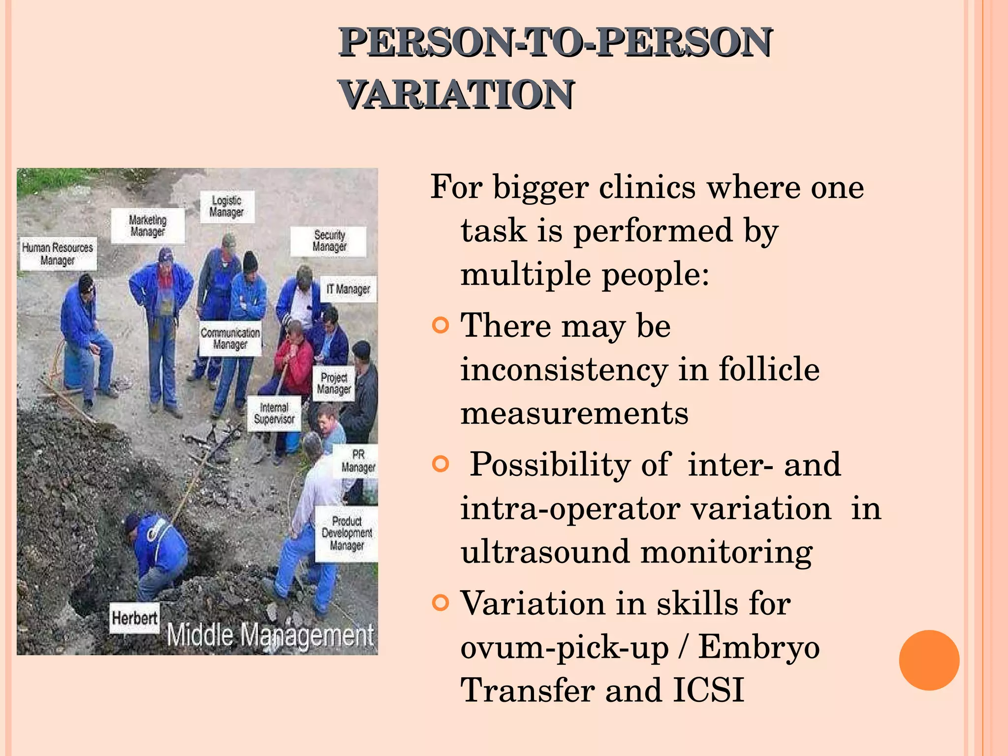 PERSON-TO-PERSON VARIATION For bigger clinics where one task is performed by multiple people: There may be inconsistency in follicle measurements Possibility of  inter- and intra-operator variation  in ultrasound monitoring Variation in skills for ovum-pick-up / Embryo Transfer and ICSI 