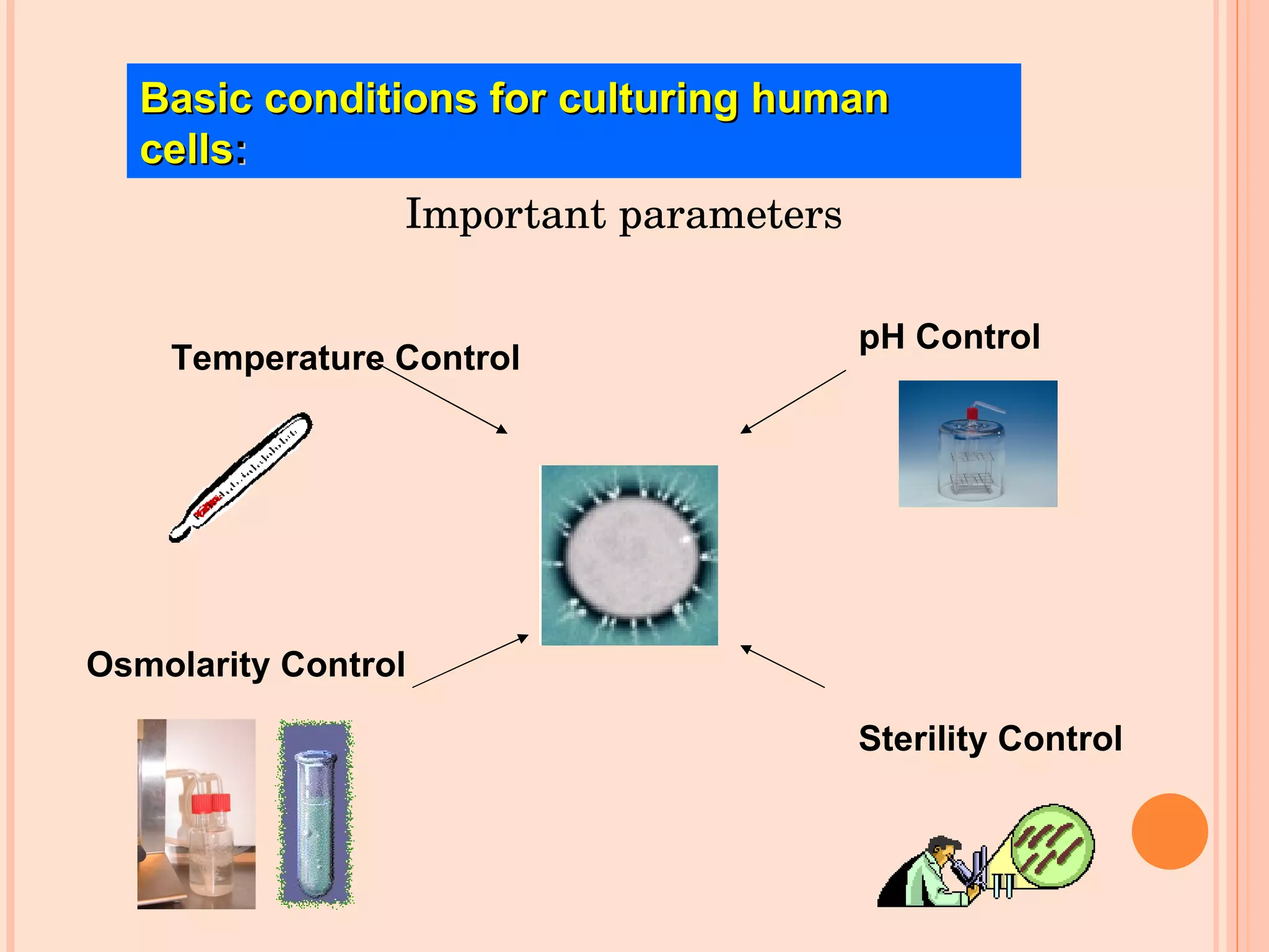 Important parameters Basic conditions for culturing human cells : Temperature Control pH Control Osmolarity Control Sterility Control 