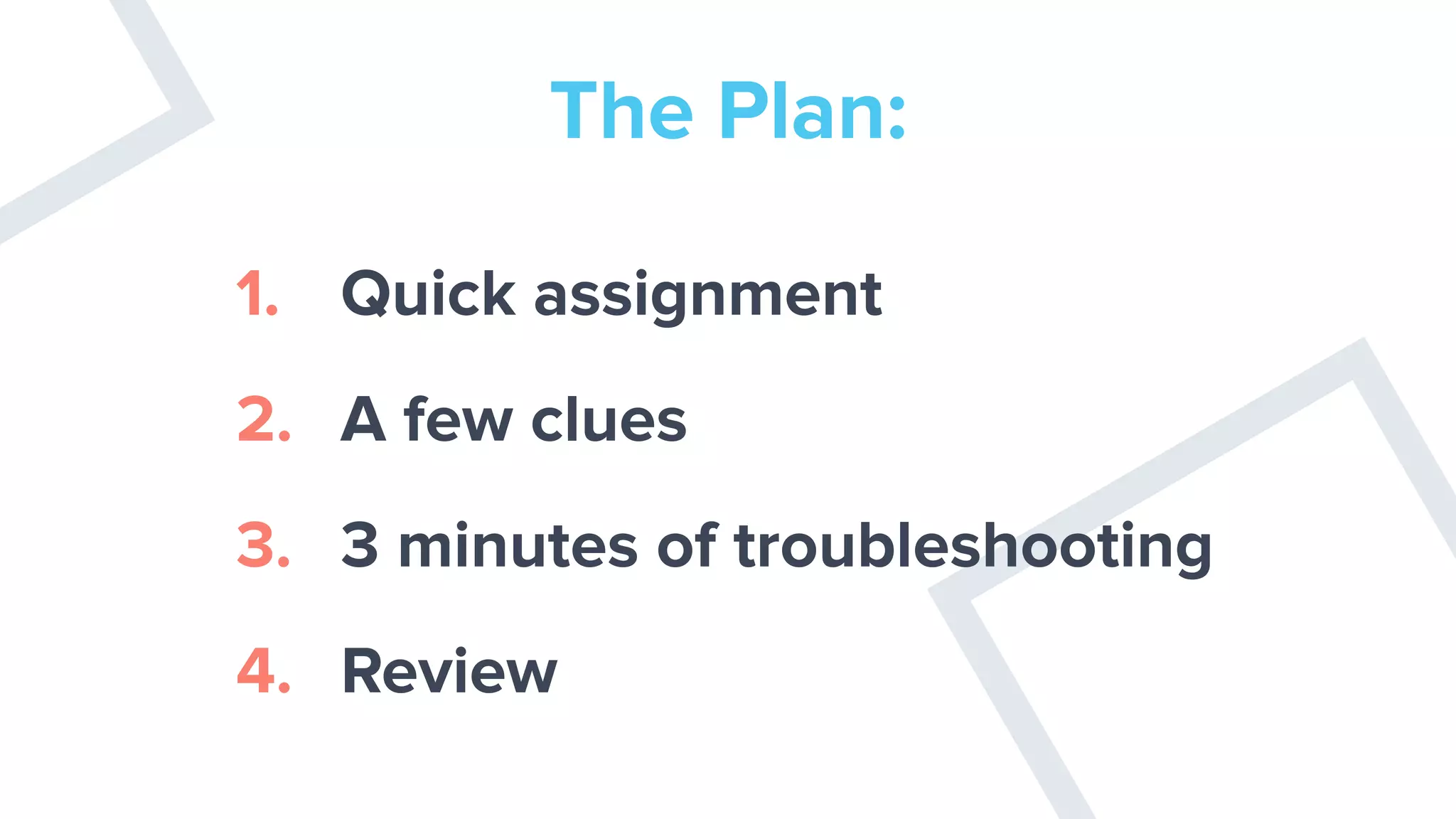 The Plan:
1. Quick assignment
2. A few clues
3. 3 minutes of troubleshooting
4. Review
 