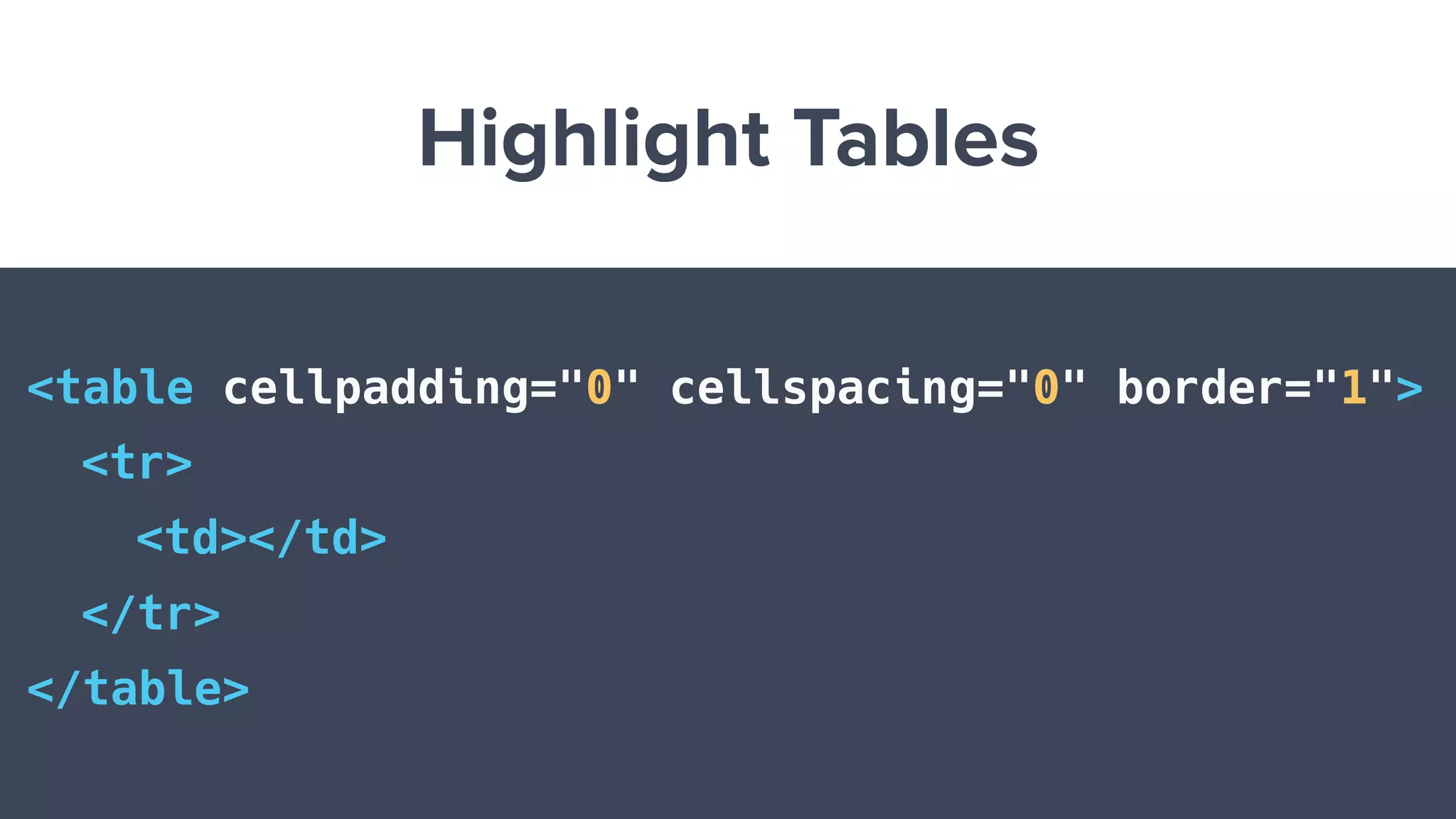 Highlight Tables
<table cellpadding="0" cellspacing="0" border="1">
<tr>
<td></td>
</tr>
</table>
 