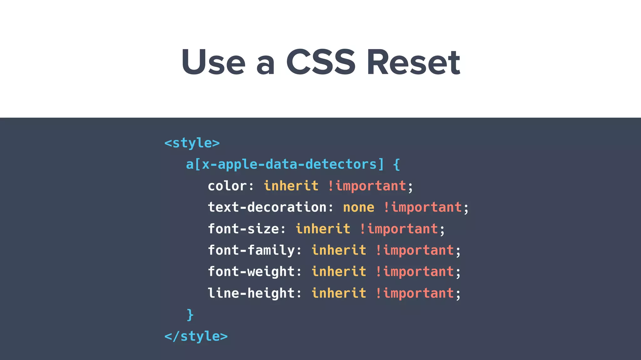 Use a CSS Reset
<style>
a[x-apple-data-detectors] {
color: inherit !important;
text-decoration: none !important;
font-size: inherit !important;
font-family: inherit !important;
font-weight: inherit !important;
line-height: inherit !important;
}
</style>
 