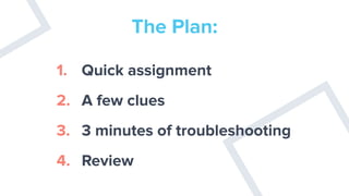 The Plan:
1. Quick assignment
2. A few clues
3. 3 minutes of troubleshooting
4. Review
 