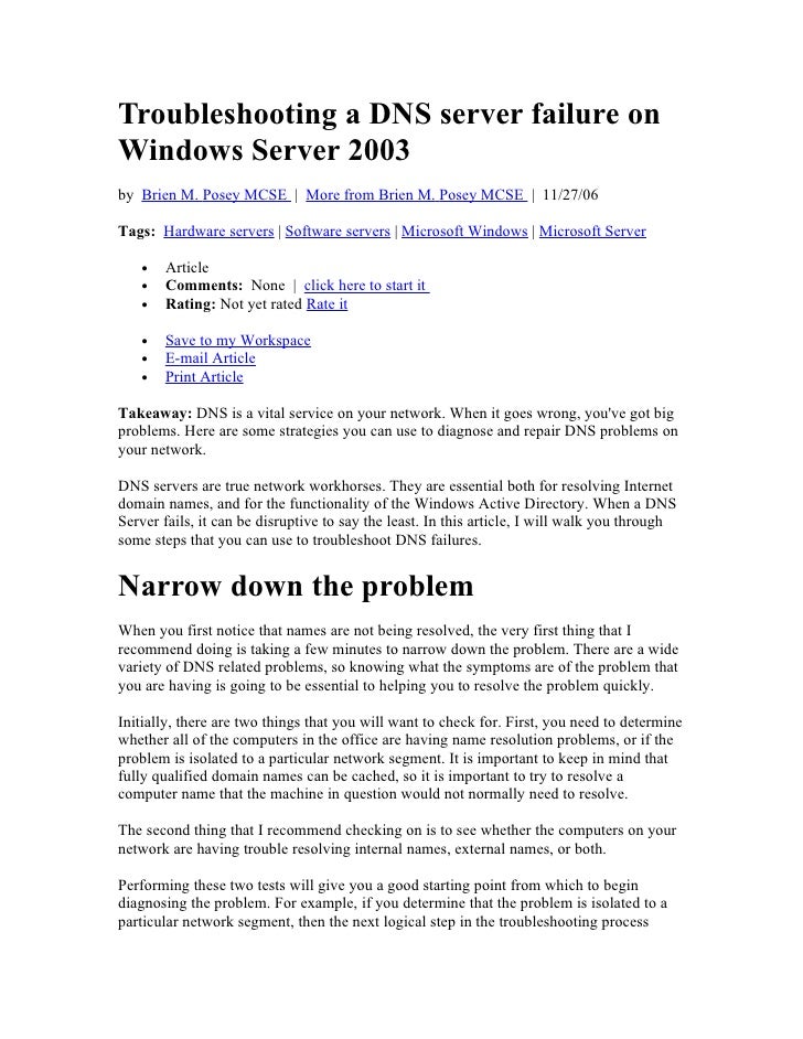Troubleshooting A Dns Server Failure On Windows Server 2003