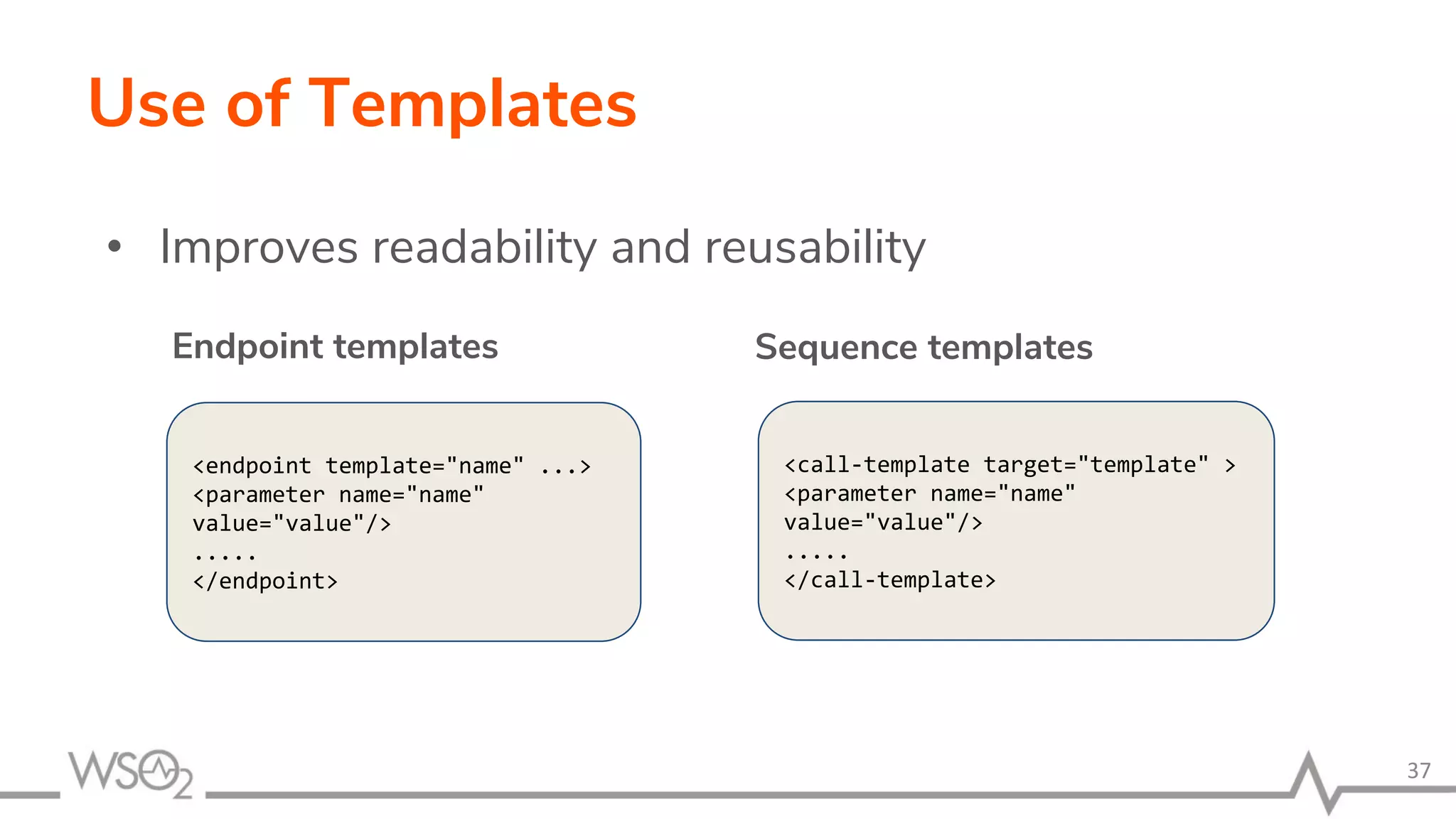 Use of Templates
• Improves readability and reusability
37
Sequence templatesEndpoint templates
<endpoint template="name" ...>
<parameter name="name"
value="value"/>
.....
</endpoint>
<call-template target="template" >
<parameter name="name"
value="value"/>
.....
</call-template>
 