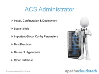 ACS Administrator
 Install, Configuration & Deployment
 Log analysis
 Important Global Config Parameters

 Best Practices
 Reuse of Hypervisors
 Cloud database

Troubleshooting CloudStack

 