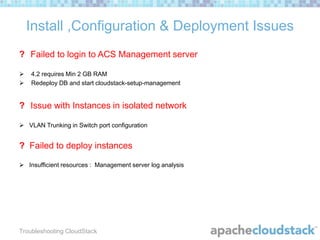 Install ,Configuration & Deployment Issues
? Failed to login to ACS Management server



4.2 requires Min 2 GB RAM
Redeploy DB and start cloudstack-setup-management

? Issue with Instances in isolated network
 VLAN Trunking in Switch port configuration

? Failed to deploy instances
 Insufficient resources : Management server log analysis

Troubleshooting CloudStack

 