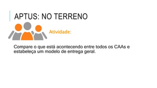 APTUS: NO TERRENO
Atividade:
Compare o que está acontecendo entre todos os CAAs e
estabeleça um modelo de entrega geral.
 