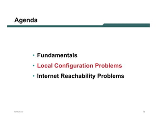 Agenda




           • Fundamentals
           • Local Configuration Problems
           • Internet Reachability Problems




NANOG 33                                      13
 