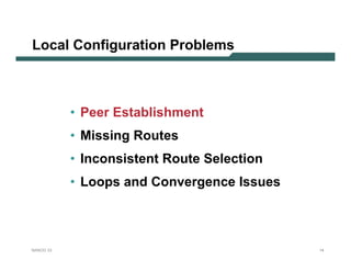 Local Configuration Problems



           • Peer Establishment
           • Missing Routes
           • Inconsistent Route Selection
           • Loops and Convergence Issues



NANOG 33                                    14
 