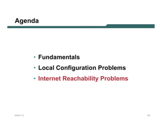 Agenda




           • Fundamentals
           • Local Configuration Problems
           • Internet Reachability Problems




NANOG 33                                      152
 