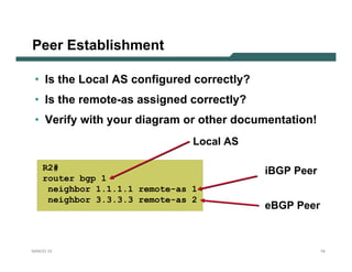 Peer Establishment

 • Is the Local AS configured correctly?
 • Is the remote-as assigned correctly?
 • Verify with your diagram or other documentation!
                                Local AS

    R2#                                    iBGP Peer
    router bgp 1
     neighbor 1.1.1.1 remote-as 1
     neighbor 3.3.3.3 remote-as 2
                                           eBGP Peer



NANOG 33                                               19
 