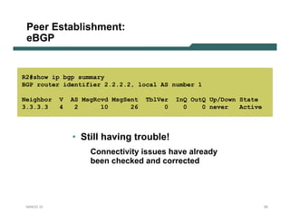 Peer Establishment:
 eBGP


R2#show ip bgp summary
BGP router identifier 2.2.2.2, local AS number 1

Neighbor    V   AS MsgRcvd MsgSent   TblVer   InQ OutQ Up/Down State
3.3.3.3     4    2      10      26        0     0    0 never   Active



                • Still having trouble!
                     Connectivity issues have already
                     been checked and corrected




 NANOG 33                                                               29
 