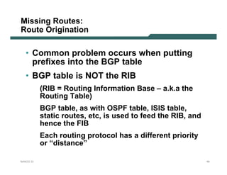 Missing Routes:
Route Origination

   • Common problem occurs when putting
     prefixes into the BGP table
   • BGP table is NOT the RIB
           (RIB = Routing Information Base – a.k.a the
           Routing Table)
           BGP table, as with OSPF table, ISIS table,
           static routes, etc, is used to feed the RIB, and
           hence the FIB
           Each routing protocol has a different priority
           or “distance”

NANOG 33                                                      49
 