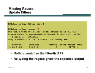 Missing Routes
Update Filters


R2#show ip bgp filter-list 1

R2#show ip bgp regexp ^$
BGP table version is 1661, local router ID is 2.2.2.2
Status codes: s suppressed, d damped, h history, * valid,
   > best, i - internal
Origin codes: i - IGP, e - EGP, ? - incomplete

   Network     Next Hop         Metric LocPrf Weight Path
*> 10.0.0.0    0.0.0.0               0         32768 i


   • Nothing matches the filter-list???
   • Re-typing the regexp gives the expected output

NANOG 33                                                    74
 
