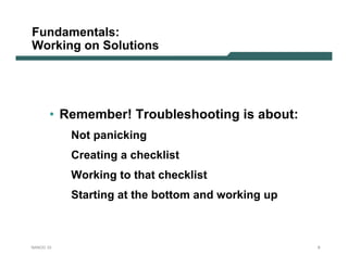 Fundamentals:
Working on Solutions




       • Remember! Troubleshooting is about:
           Not panicking
           Creating a checklist
           Working to that checklist
           Starting at the bottom and working up



NANOG 33                                           8
 