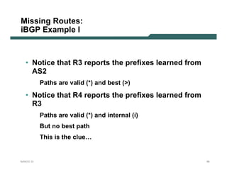 Missing Routes:
iBGP Example I



   • Notice that R3 reports the prefixes learned from
     AS2
           Paths are valid (*) and best (>)

   • Notice that R4 reports the prefixes learned from
     R3
           Paths are valid (*) and internal (i)
           But no best path
           This is the clue…


NANOG 33                                                98
 