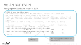 © 2017 Cisco and/or its affiliates. All rights reserved. Cisco Public
N9396-1# show bgp l2vpn evpn
BGP routing table information for VRF default, address family L2VPN EVPN
BGP table version is 26, local router ID is 10.40.1.1
Status: s-suppressed, x-deleted, S-stale, d-dampened, h-history, *-valid, >-best
Path type: i-internal, e-external, c-confed, l-local, a-aggregate, r-redist, I-i
njected
Origin codes: i - IGP, e - EGP, ? - incomplete, | - multipath, & - backup
Network Next Hop Metric LocPrf Weight Path
Route Distinguisher: 10.40.1.1:36569 (L2VNI 400502)
*>i[2]:[0]:[0]:[48]:[8cb6.4f2f.45c2]:[0]:[0.0.0.0]/216
10.40.1.2 100 0 i
*>i[2]:[0]:[0]:[48]:[8cb6.4f2f.45c2]:[32]:[8.40.2.100]/272
10.40.1.2 100 0 I
< snip >
MAC entry
This entry indicates that an ARP has been
seen by the VTEP
VxLAN BGP EVPN
Verifying MAC and ARP learnt in BGP
BRKRST-3320 112
 