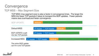 © 2017 Cisco and/or its affiliates. All rights reserved. Cisco Public
Convergence
TCP MSS – Max Segment Size
TCP MSS (max segment size) is also a factor in convergence times. The larger the
MSS the fewer TCP packets it takes to transport the BGP updates. Fewer packets
means less overhead and faster convergence.
BGP UPDATE Attribute NLRI
NLRI
NLRI ..NLRIs.. ..NLRIs..
Attribute NLRI
Default MSS
BGP UDPATE is split
into two TCP packets
..NLRIs..
NLRI
NLRI ..NLRIs..
Increased MSS
The entire BGP update
can fit in one TCP packet
IP Header TCP Header
IP Header TCP Header
Attribute NLRI
NLRI
NLRI ..NLRIs.. ..NLRIs..
IP Header TCP Header
BRKRST-3320 53
 